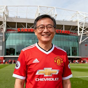 一位戴着眼镜的35岁男性球迷张先生，身着曼联红色主场球衣，站在老特拉福德球场前微笑